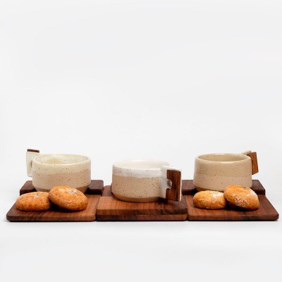 Σετ κεραμική κούπα με ξύλινο πιατάκι καρυδιά