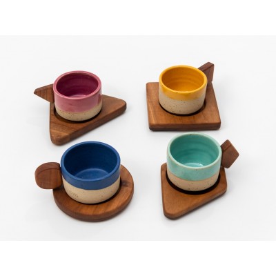 Σετ κεραμικό φλυτζάνι με ξύλινο χερούλι και ξύλινο πιατάκι καρυδιά
