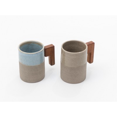 Κεραμική κούπα "THETIS" γκρι, με ξύλινο χερούλι καρυδιά