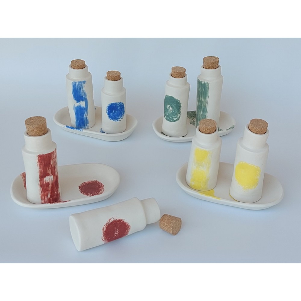 Σετ μπουκάλια (λάδι-ξύδι) με πιατάκι Χειροποίητα χρηστικά αντικείμενα