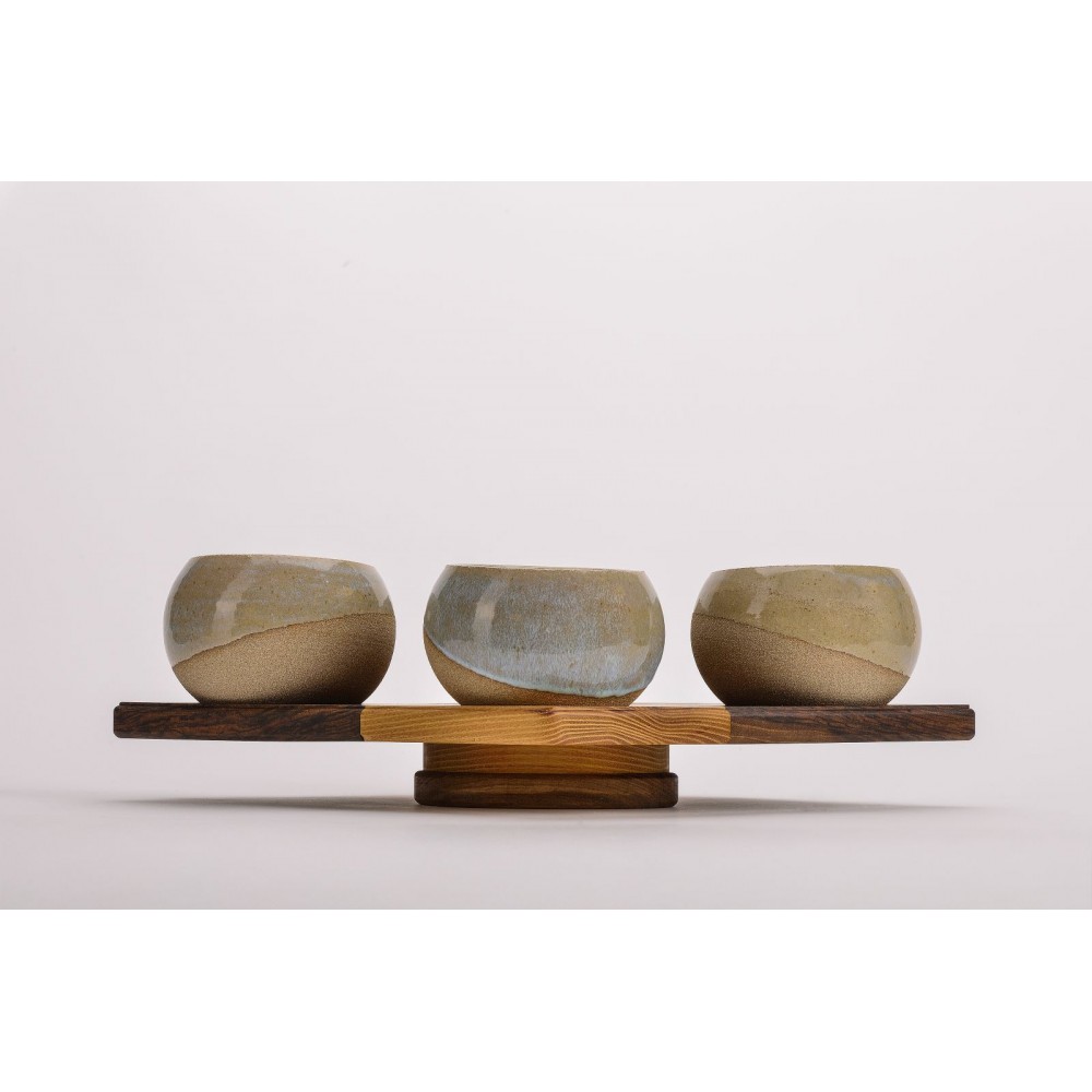 Σετ 4 κεραμικά μπωλ με ξύλινη βάση ρόμβος Χειροποίητα χρηστικά αντικείμενα