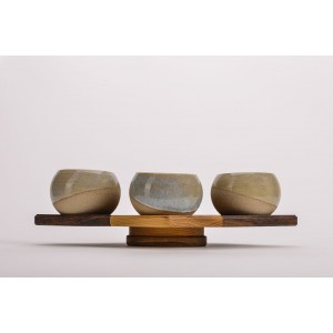 Σετ 4 κεραμικά μπωλ με ξύλινη βάση ρόμβος Χειροποίητα χρηστικά αντικείμενα
