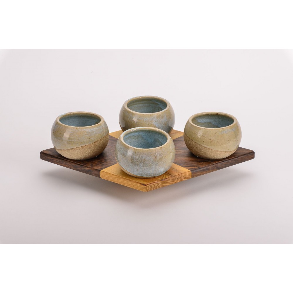 Σετ 4 κεραμικά μπωλ με ξύλινη βάση ρόμβος Χειροποίητα χρηστικά αντικείμενα