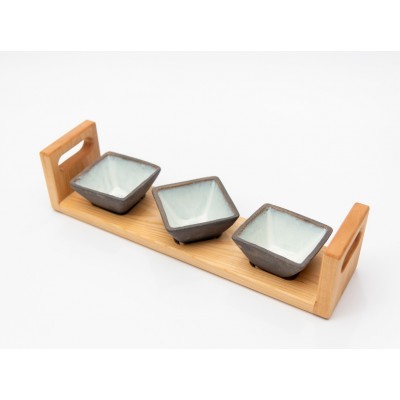 Σετ 3 κεραμικά μπωλ σε ξύλινη βάση φλαμούρι