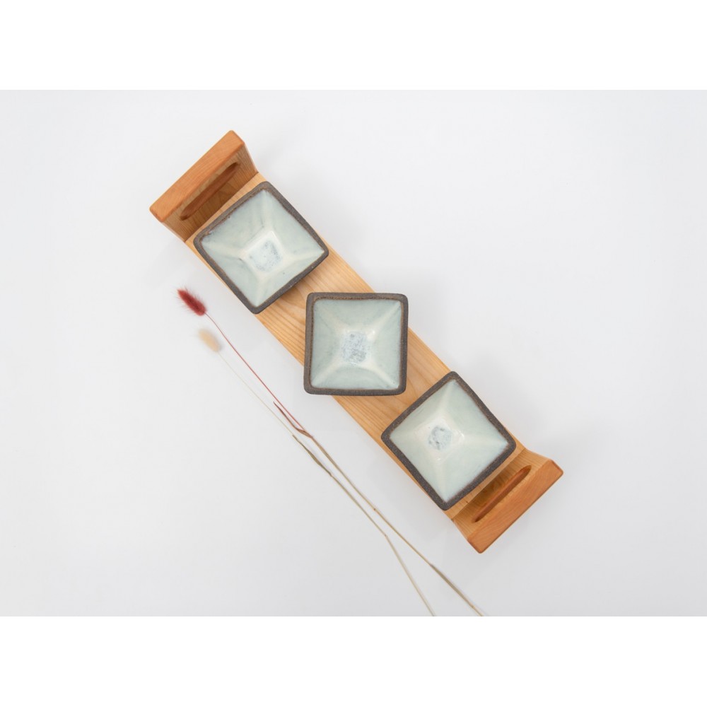 Σετ 3 κεραμικά μπωλ σε ξύλινη βάση φλαμούρι Χειροποίητα χρηστικά αντικείμενα