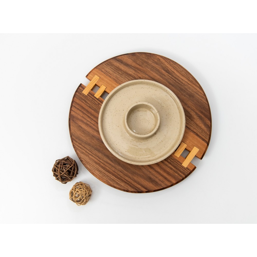 Κεραμικό πιάτο με αποσπώμενο ξύλινο πλατό καρυδιά Χειροποίητα χρηστικά αντικείμενα