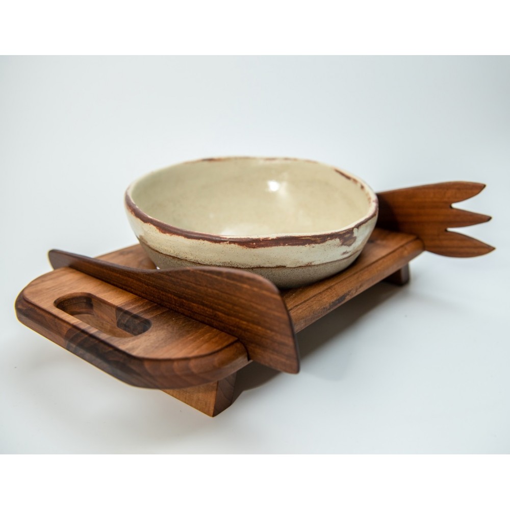 Κεραμική σαλατιέρα με ξύλινη βάση καρυδιά (Μεγάλη) Χειροποίητα χρηστικά αντικείμενα
