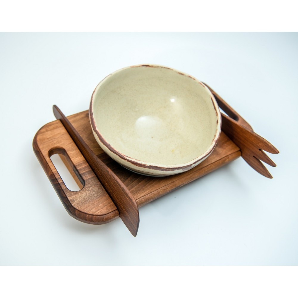Κεραμική σαλατιέρα με ξύλινη βάση καρυδιά (Μεγάλη) Χειροποίητα χρηστικά αντικείμενα