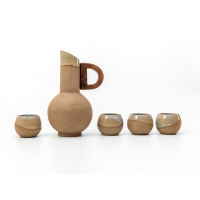 Σετ κεραμική κανάτα "σφαίρα" με χερούλι καρυδιά και 4 ποτήρια 