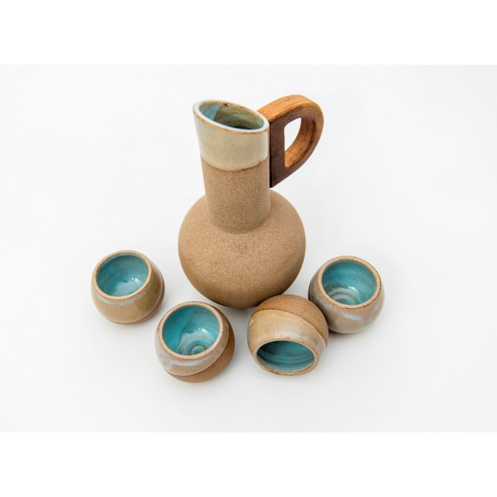 Σετ κεραμική κανάτα "σφαίρα" με χερούλι καρυδιά και 4 ποτήρια  Χειροποίητα χρηστικά αντικείμενα