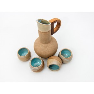Σετ κεραμική κανάτα "σφαίρα" με χερούλι καρυδιά και 4 ποτήρια  Χειροποίητα χρηστικά αντικείμενα